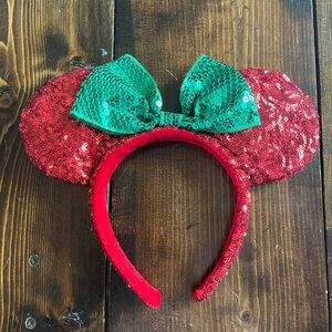 Disney Ears Red Sequin Ears with Green Sequin Bow Headband